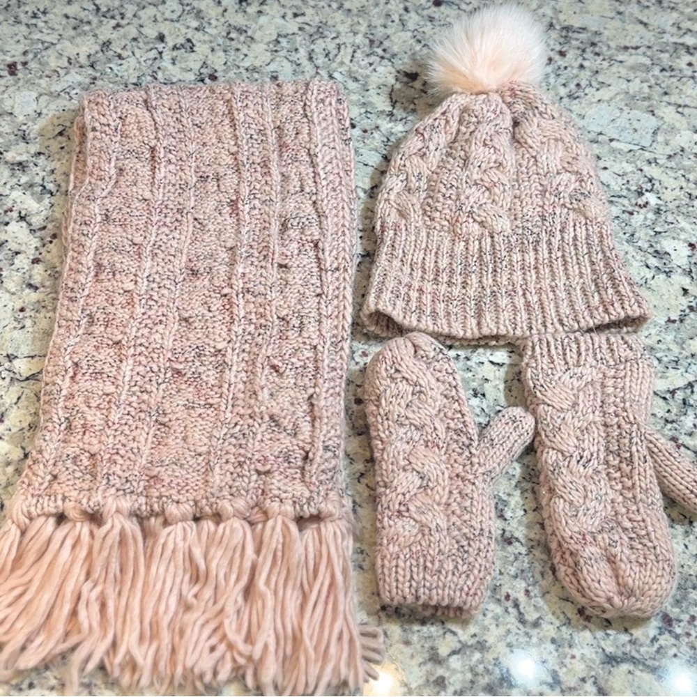 Steve Madden Pink Cable Knit Beanie, Scarf & Mittens Set